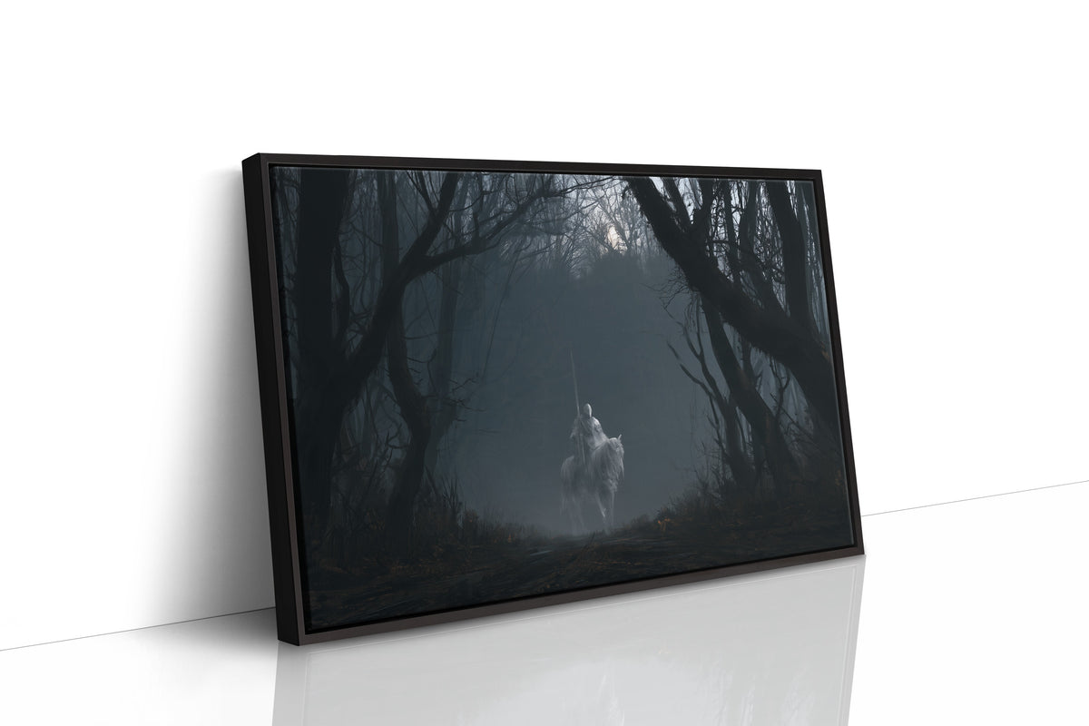 Quiet Hooves Through the Trees, a pale doe walking between dark trunks in a misty forest, bare branches arching overhead and a soft ivory glow on her coat, as a framed canvas in a black frame