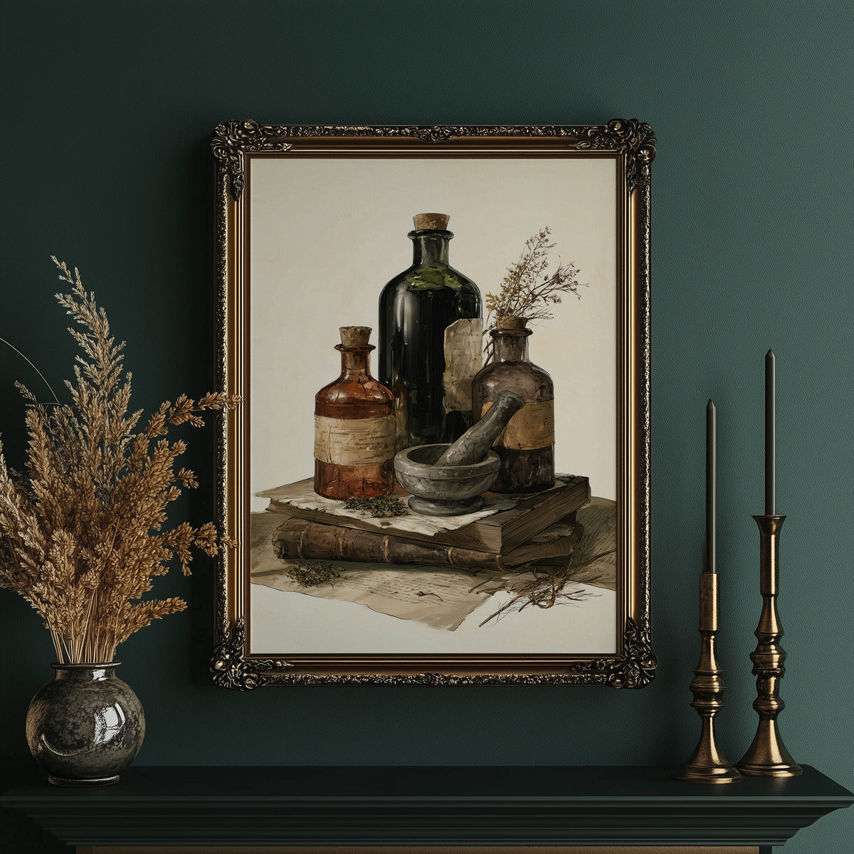 Remedies Kept on Old Books, a still life of dark green and amber apothecary bottles, a stone mortar and a dried sprig resting on a stack of yellowed papers, painted in deep green, amber and parchment, in an ornate gold frame on a deep green wall beside tall brass candlesticks