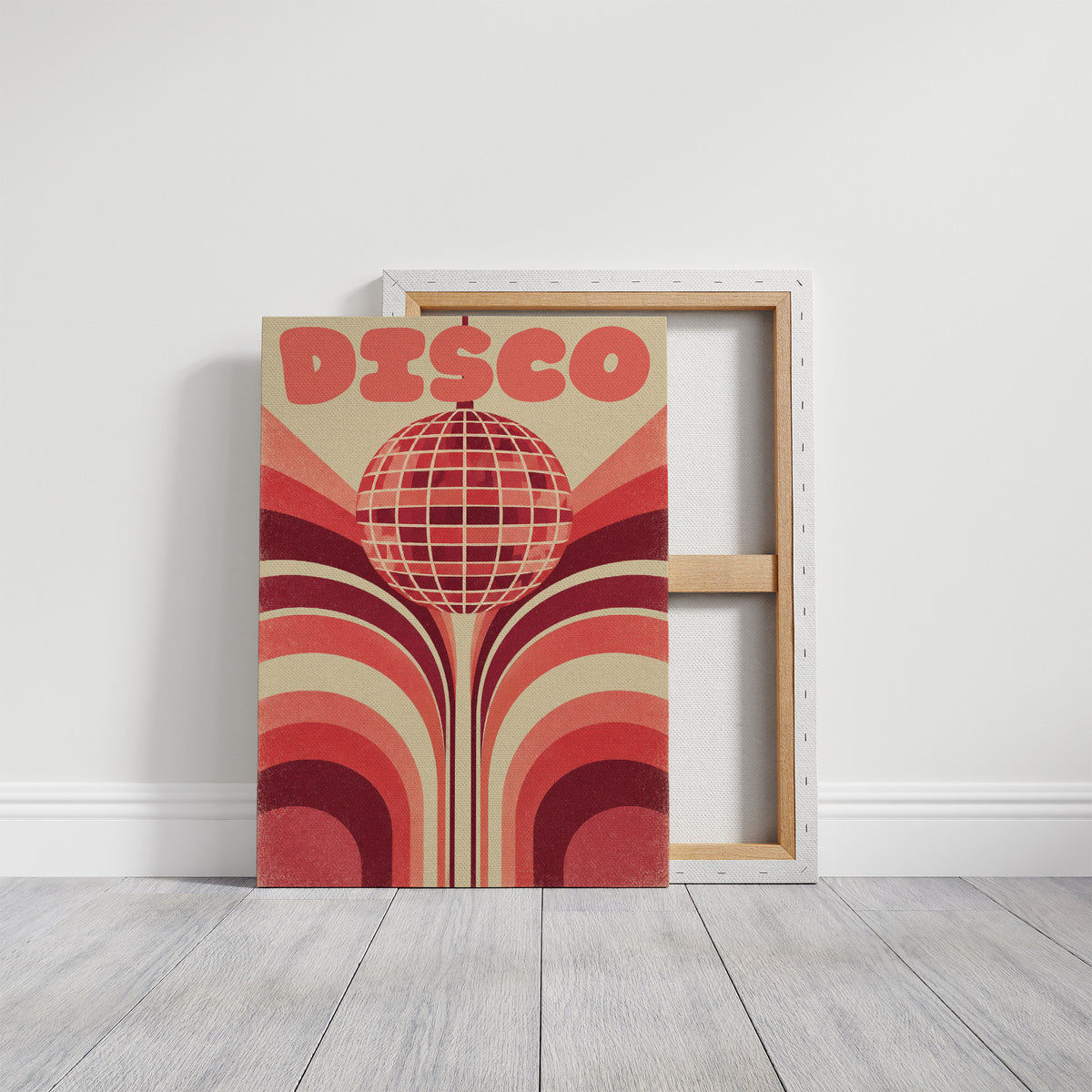 Rose Mirror Ball After Midnight, a retro disco ball drawn in a grid of rose and cream lines at the center of stacked arches in rose, cream and oxblood, with the word DISCO in bold rose letters across the top, on a gallery canvas with wrapped edges leaning against a white wall