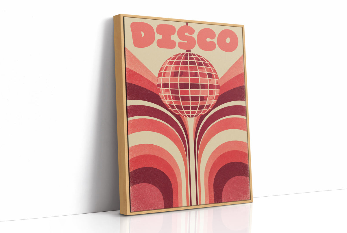 Rose Mirror Ball After Midnight, a retro disco ball drawn in a grid of rose and cream lines at the center of stacked arches in rose, cream and oxblood, with the word DISCO in bold rose letters across the top, as a framed canvas in a natural wood frame