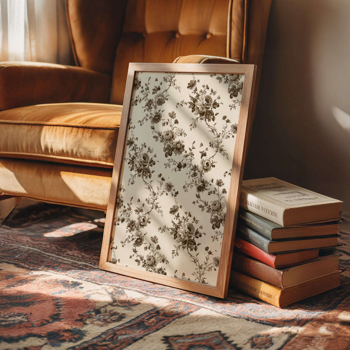 Roses Keep to the Linen, a repeating vintage pattern of brown roses and leafy sprigs on a cream ground, in a wood frame on a rug beside a leather armchair and a stack of books