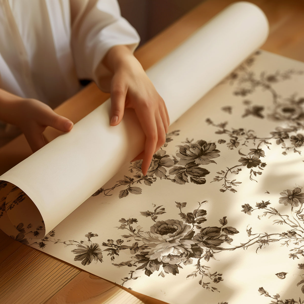 Roses Keep to the Linen, a repeating vintage pattern of brown roses and leafy sprigs on a cream ground, as a matte poster, unframed