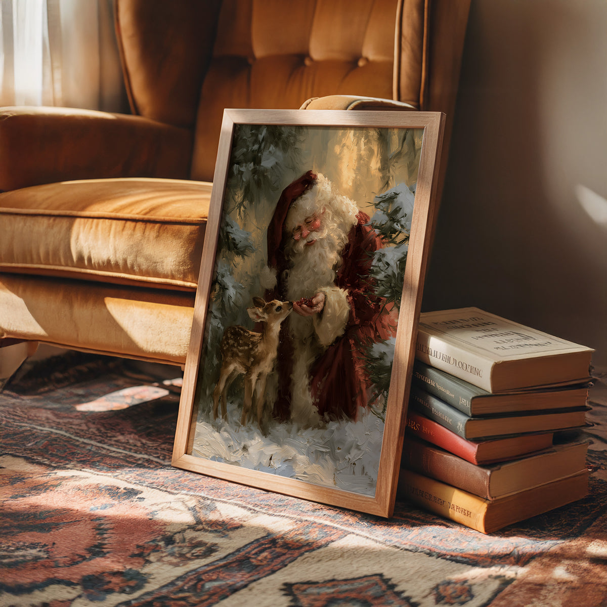 Saint Nick Keeps a Fawn Close, a painterly vintage Santa Claus in a red hat with a fawn tucked against his coat, set among pine boughs in snow, painted in deep green, rust and gold, in a wood frame on a rug beside a leather armchair and a stack of books