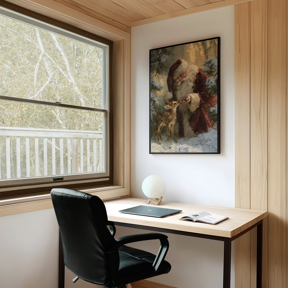 Saint Nick Keeps a Fawn Close, a painterly vintage Santa Claus in a red hat with a fawn tucked against his coat, set among pine boughs in snow, painted in deep green, rust and gold, on a study wall above a writing desk and a black desk chair