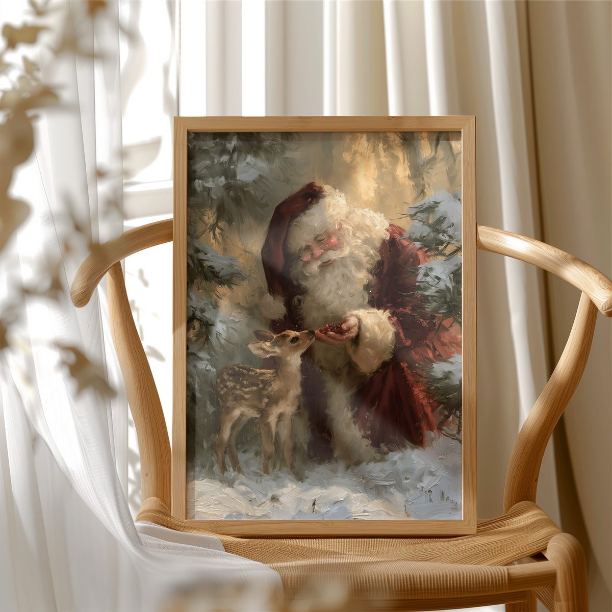 Saint Nick Keeps a Fawn Close, a painterly vintage Santa Claus in a red hat with a fawn tucked against his coat, set among pine boughs in snow, painted in deep green, rust and gold, in a wood frame beside a wicker chair by a sunny window