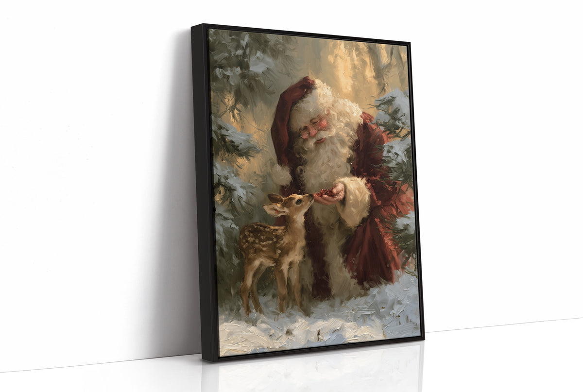 Saint Nick Keeps a Fawn Close, a painterly vintage Santa Claus in a red hat with a fawn tucked against his coat, set among pine boughs in snow, painted in deep green, rust and gold, as a framed canvas in a black frame