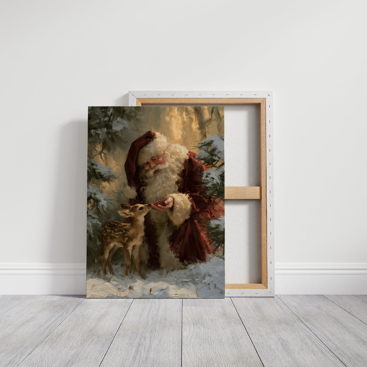 Saint Nick Keeps a Fawn Close, a painterly vintage Santa Claus in a red hat with a fawn tucked against his coat, set among pine boughs in snow, painted in deep green, rust and gold, on a gallery canvas with wrapped edges leaning against a white wall
