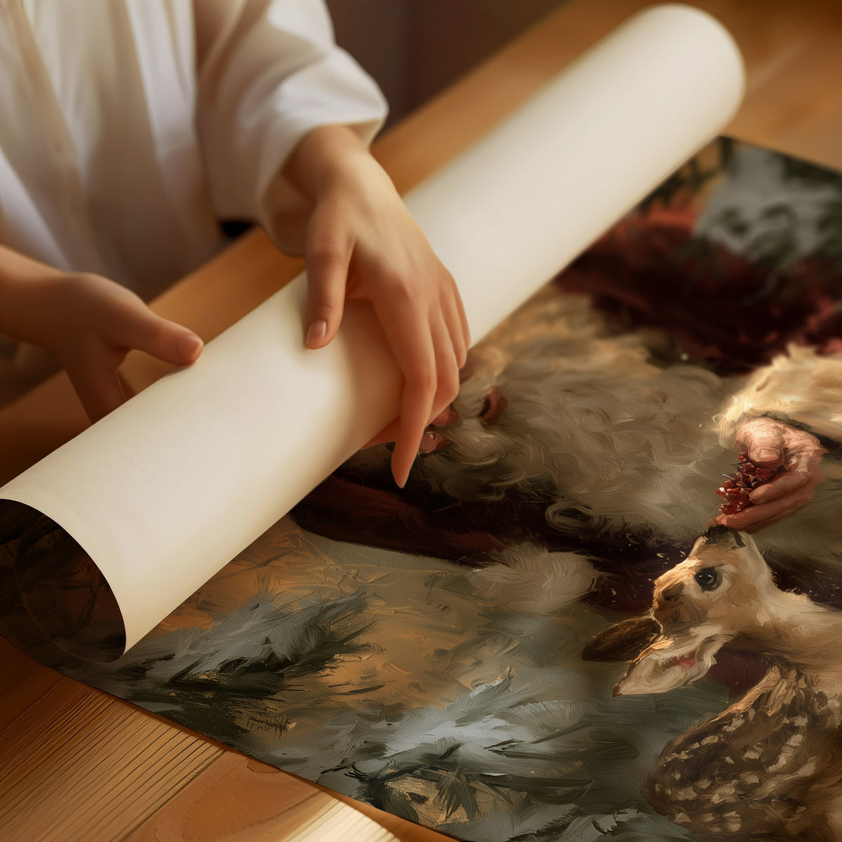 Saint Nick Keeps a Fawn Close, a painterly vintage Santa Claus in a red hat with a fawn tucked against his coat, set among pine boughs in snow, painted in deep green, rust and gold, as a matte poster, unframed