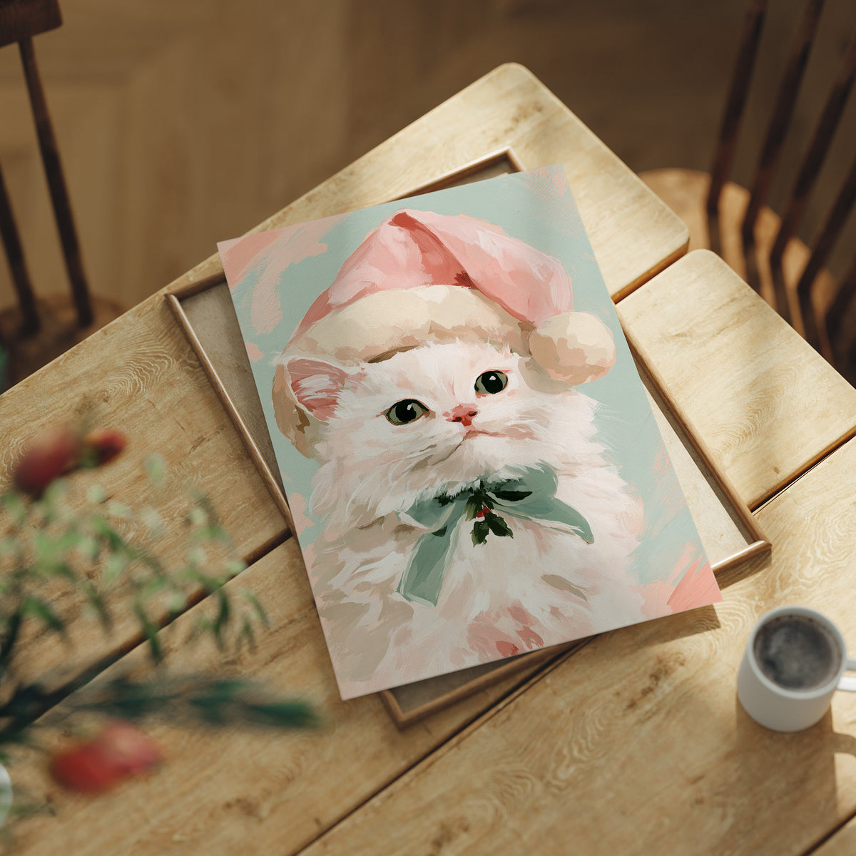 She Dressed Up for the Season, a white kitten in a pink Santa style hat and a mint bow, painted in blush, mint and cream on a soft pastel ground, lying flat on a light wood table beside a coffee cup and red berries