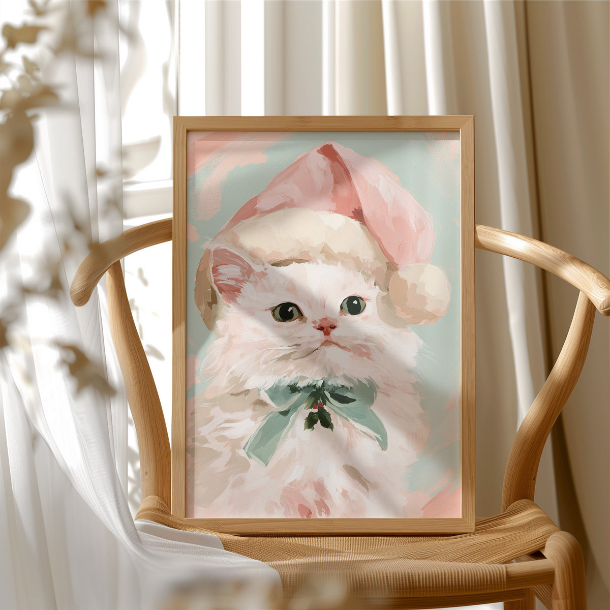 She Dressed Up for the Season, a white kitten in a pink Santa style hat and a mint bow, painted in blush, mint and cream on a soft pastel ground, in a wood frame beside a wicker chair by a sunny window