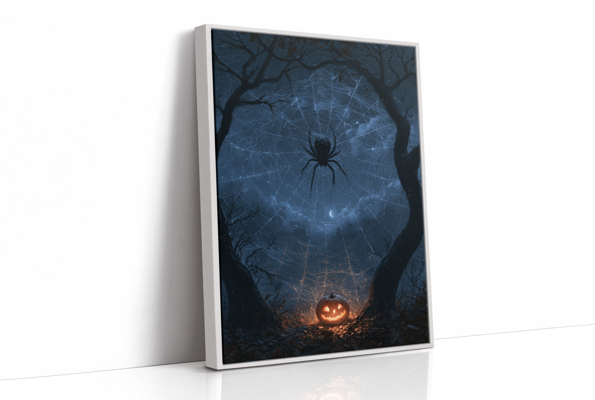 Silver Threads Over the Hollow, spider web glowing with silver threads over a blue night forest with a pumpkin lantern painting, as a framed canvas in a white frame