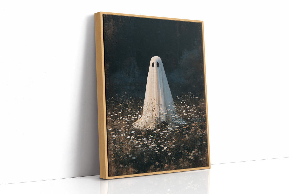 Someone Stayed Behind in the Meadow, a small white ghost standing in a dark field of pale wildflowers beneath a black woodland, painted in deep green, charcoal and bone, as a framed canvas in a natural wood frame