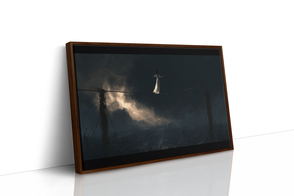 Something Pale Rises Through the Fog, pale glowing shape rising above a dark misty field with a post silhouette painting, as a framed canvas in a brown frame