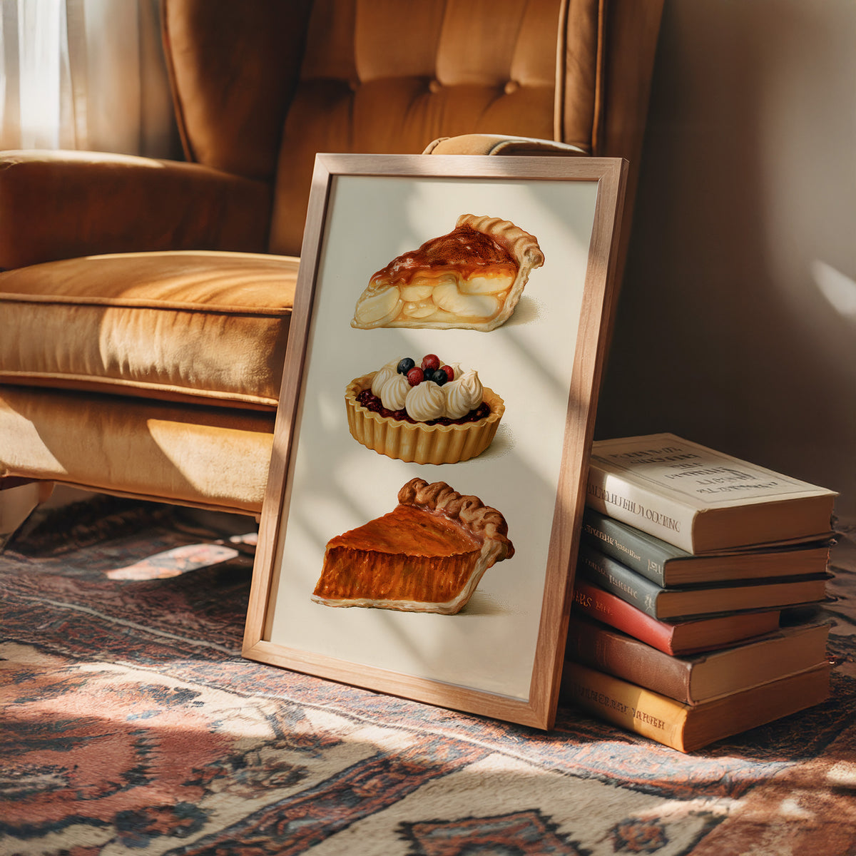Something Sweet Keeps for Later, a still life of a cream plate holding a pie slice, a berry tart and a second pie slice, painted in caramel, cream and berry red, in a wood frame on a rug beside a leather armchair and a stack of books