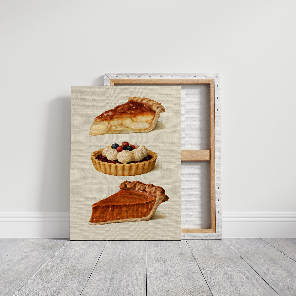 Something Sweet Keeps for Later, a still life of a cream plate holding a pie slice, a berry tart and a second pie slice, painted in caramel, cream and berry red, on a gallery canvas with wrapped edges leaning against a white wall