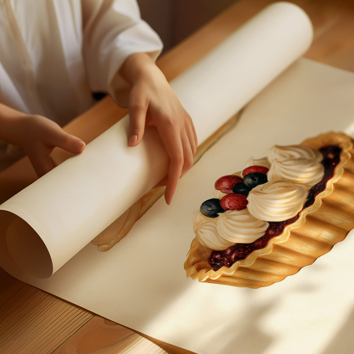 Something Sweet Keeps for Later, a still life of a cream plate holding a pie slice, a berry tart and a second pie slice, painted in caramel, cream and berry red, as a matte poster, unframed