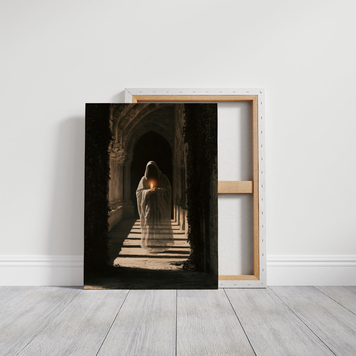 Stairs Lit by Forgotten Light, a pale ghostly figure standing in a gothic arched corridor, a shaft of sunlight falling across worn stone steps, on a gallery canvas with wrapped edges leaning against a white wall
