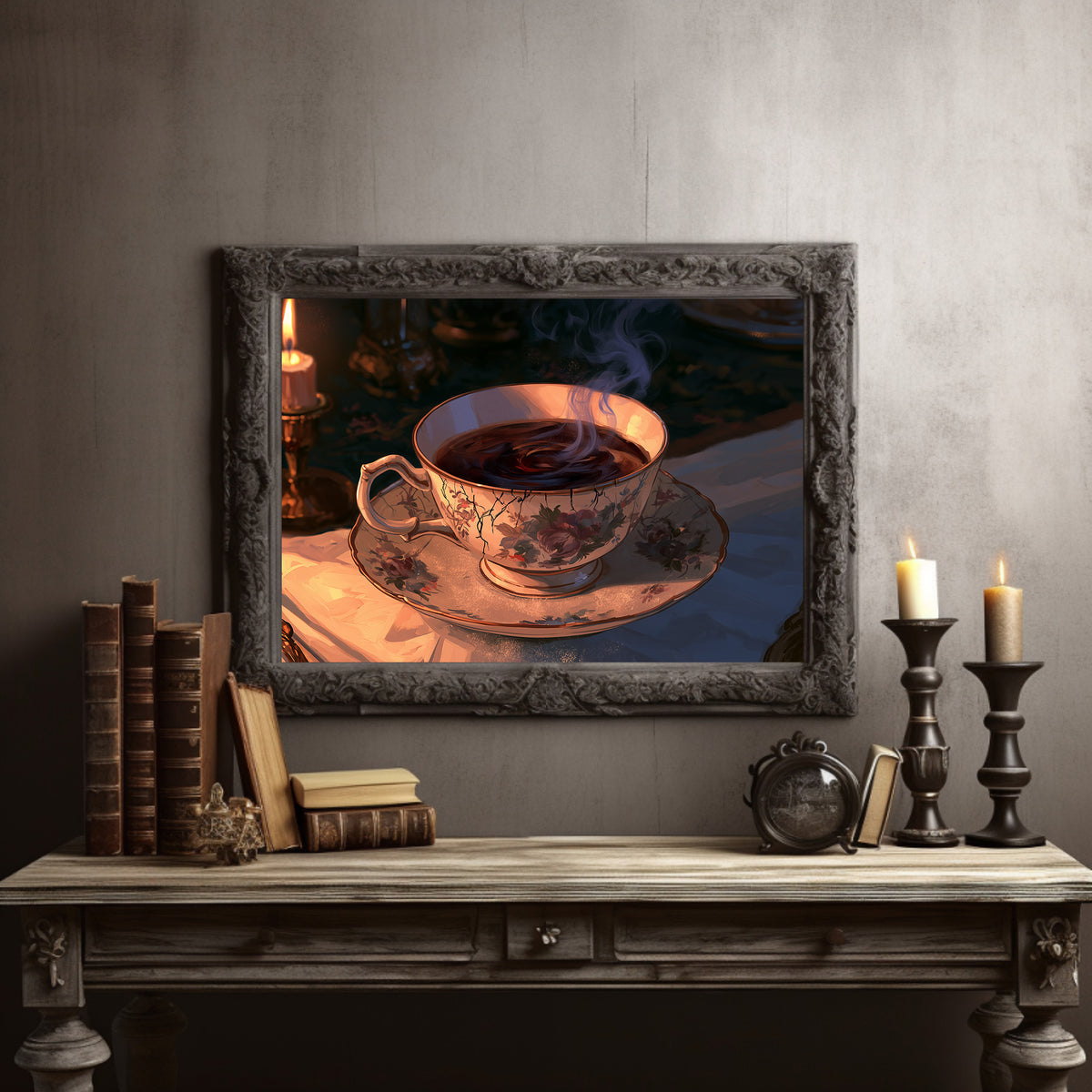 Steam Above the Quiet Table, steaming teacup of dark tea on a sunlit table in warm amber light painting, in a dark carved frame on a gray wall above a console table with candlesticks and old books
