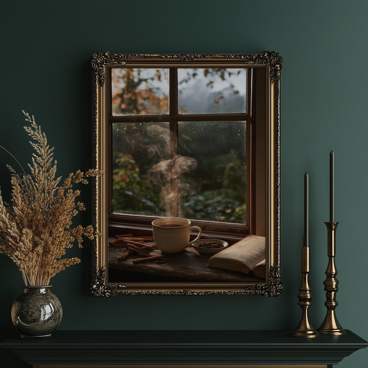 Steam Gathers at the Window, a cup of tea on a sill with steam rising past a windowpane, a misty green garden and rain clouds beyond the glass, in an ornate gold frame on a deep green wall beside brass candlesticks