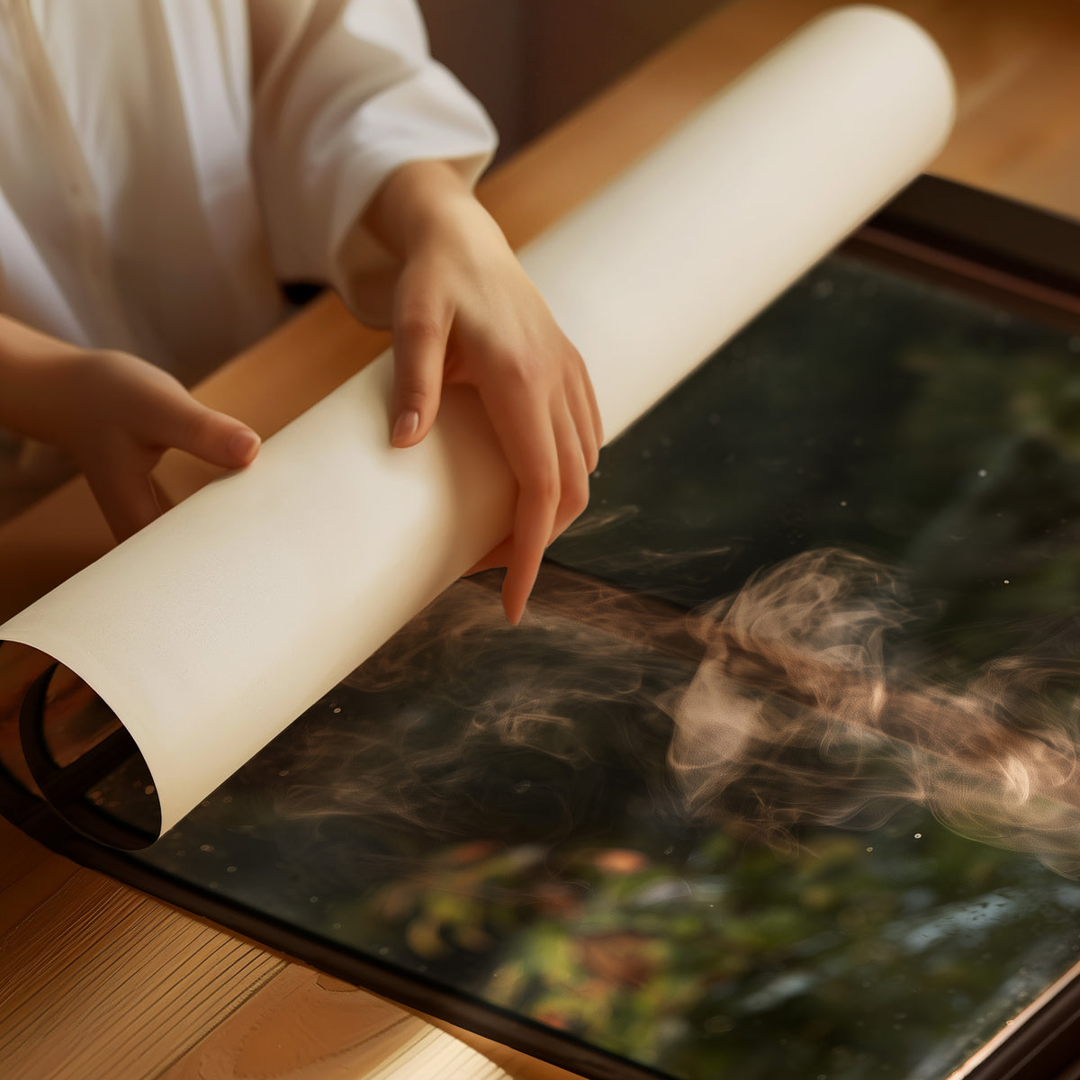 Steam Gathers at the Window, a cup of tea on a sill with steam rising past a windowpane, a misty green garden and rain clouds beyond the glass, as a matte poster, unframed