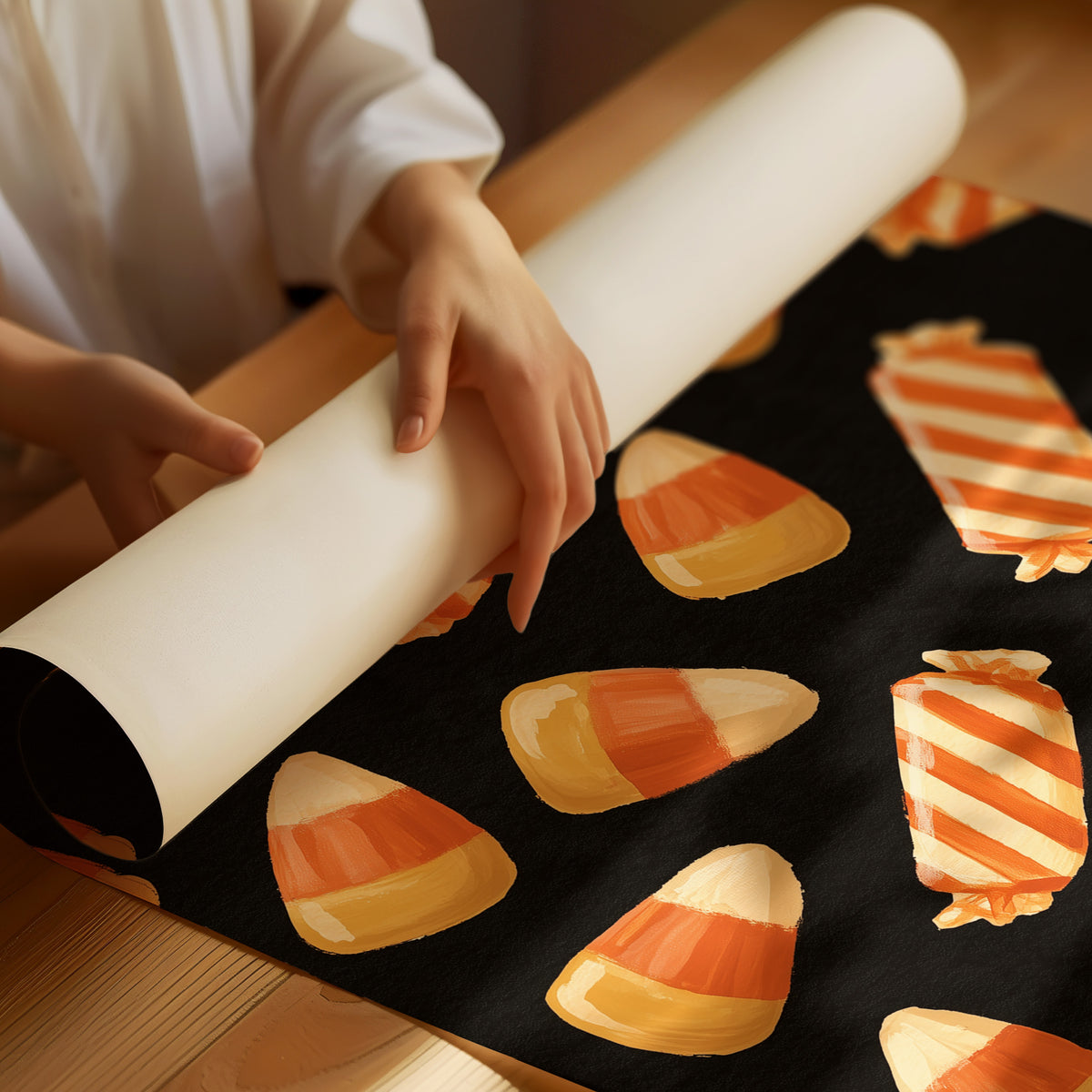 Stripes Kept for Later, a repeating pattern of candy corn kernels in cream, orange and butter yellow on a deep black ground, as a matte poster, unframed