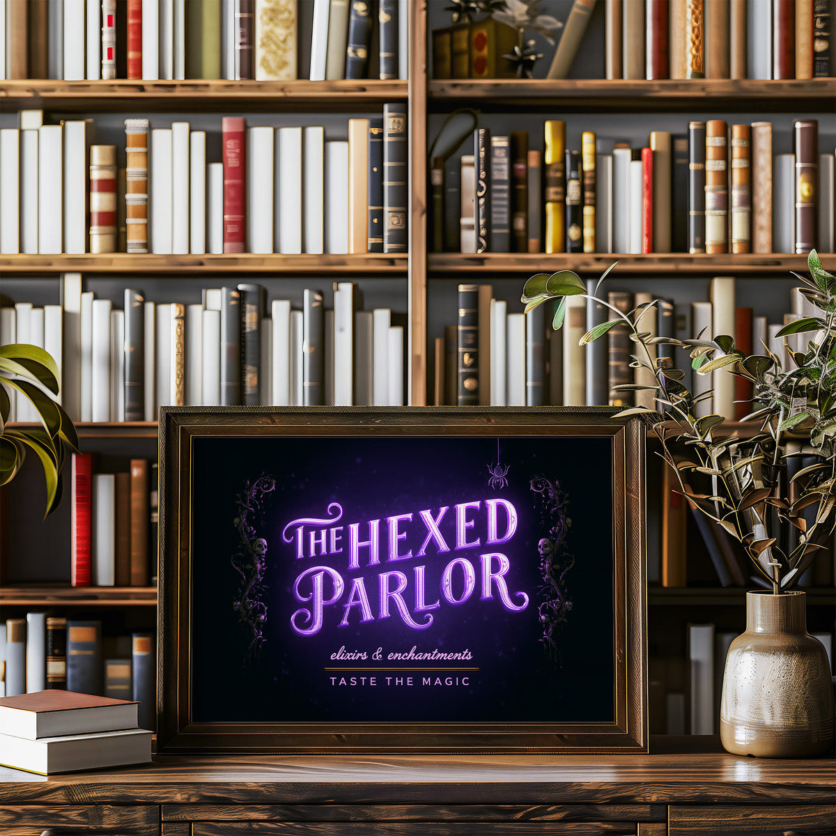 Taste the Magic Tonight, violet neon sign reading the hexed parlor on a black painting, in a wood frame on a bookshelf wall beside a vase of olive branches