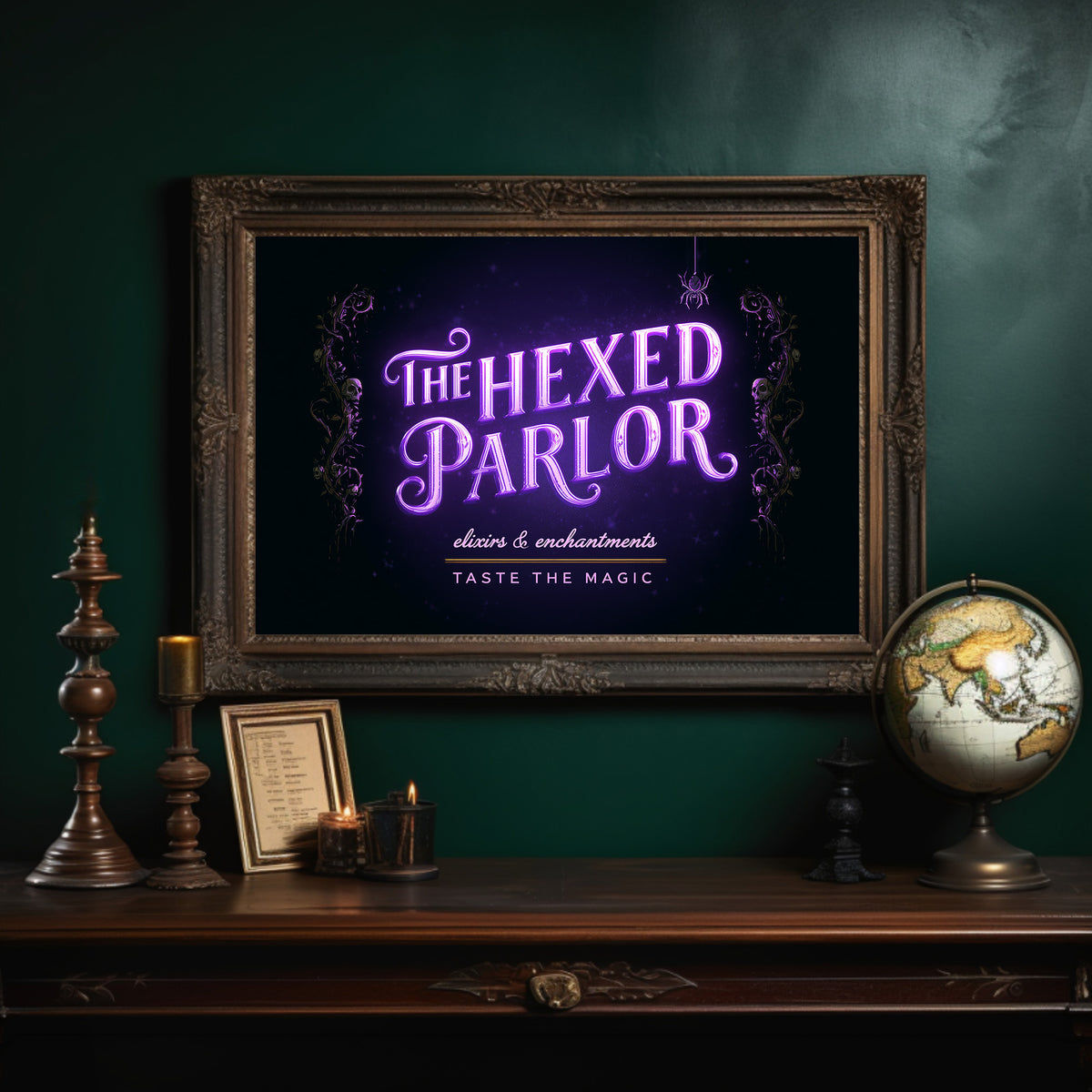 Taste the Magic Tonight, violet neon sign reading the hexed parlor on a black painting, in an ornate dark frame on a deep green wall above a mantel with a globe and candles