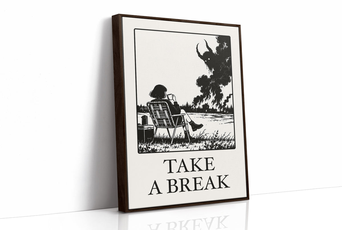 The Break Nobody Schedules, a figure in a deck chair under a broad tree in a black and cream line scene, with TAKE A BREAK in large serif capitals beneath, as a framed canvas in a brown frame