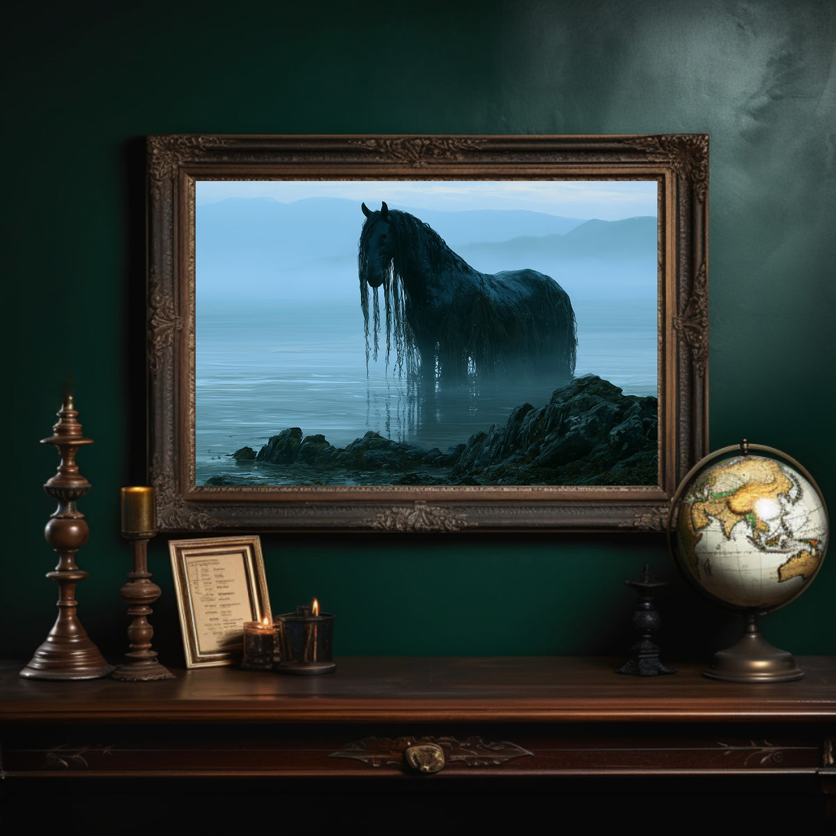 The Cold Water Gave Him Back, black horse with a dripping mane wading in a misty blue sea beside rocks painting, in an ornate dark frame on a deep green wall above a mantel with a globe and candles
