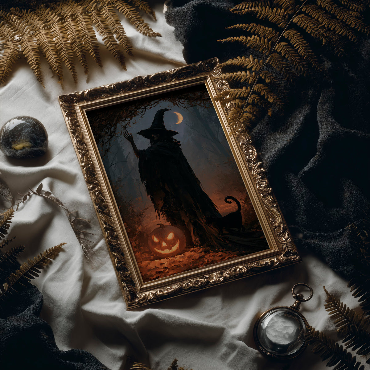 The Dusk Keeps Her Company, cloaked witch silhouette under a crescent moon beside a glowing jack o lantern painting, in an antique gold frame laid on white linen with ferns and a pocket watch