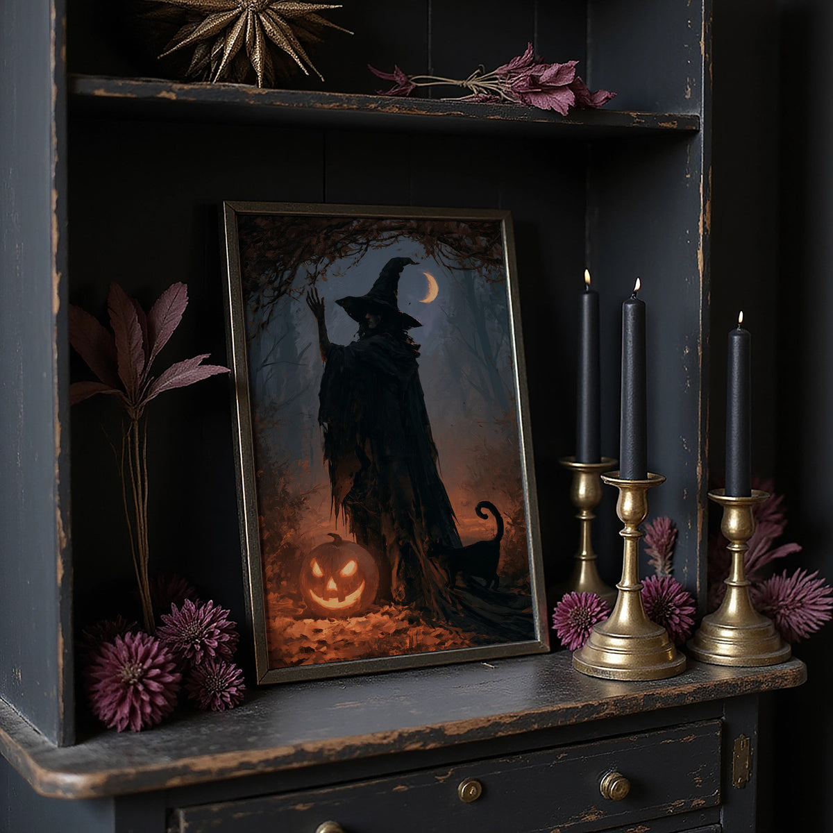 The Dusk Keeps Her Company, cloaked witch silhouette under a crescent moon beside a glowing jack o lantern painting, on a dark wooden cabinet shelf with candles and dried flowers