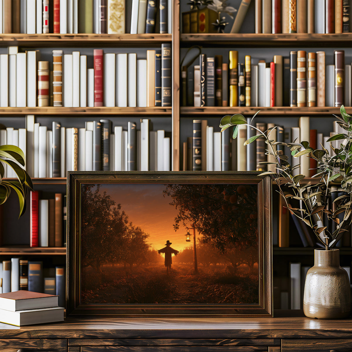 The Field Keeps Its Last Light, a scarecrow standing in a rural sunset field of amber sky and rust colored grass, painted in burnt orange, dusky gold and deep brown, in a wood frame on a bookshelf wall beside a vase of olive branches