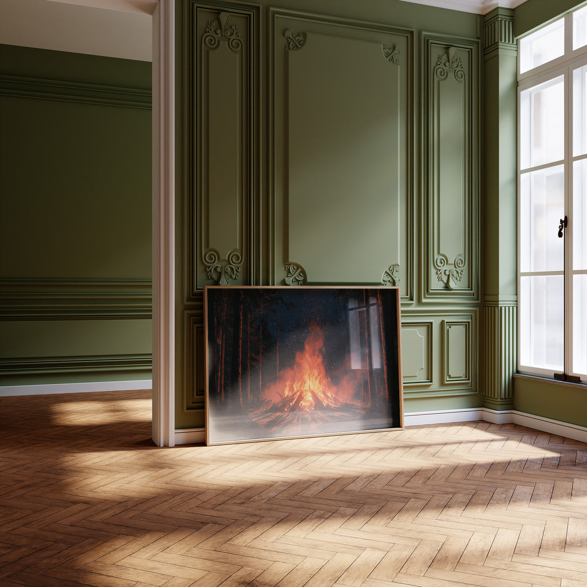 The Fire Keeps Its Own Counsel, campfire blazing in a dark pine forest painting, leaning on a herringbone floor in a green paneled room with tall windows