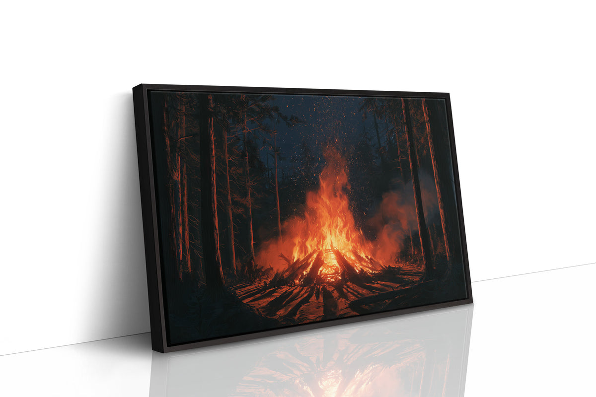 The Fire Keeps Its Own Counsel, campfire blazing in a dark pine forest painting, as a framed canvas in a black frame
