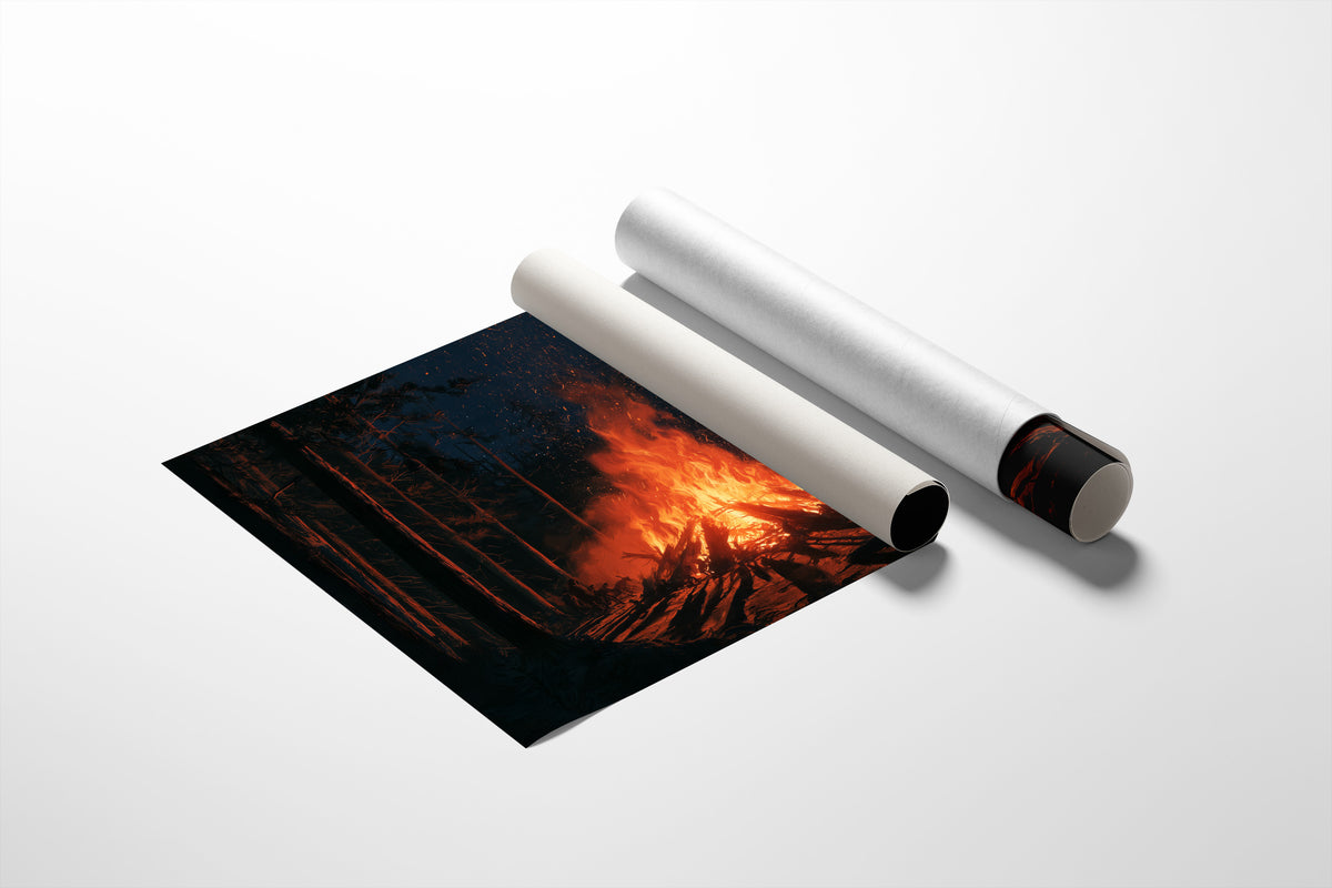 The Fire Keeps Its Own Counsel, campfire blazing in a dark pine forest painting, as a matte poster, unframed