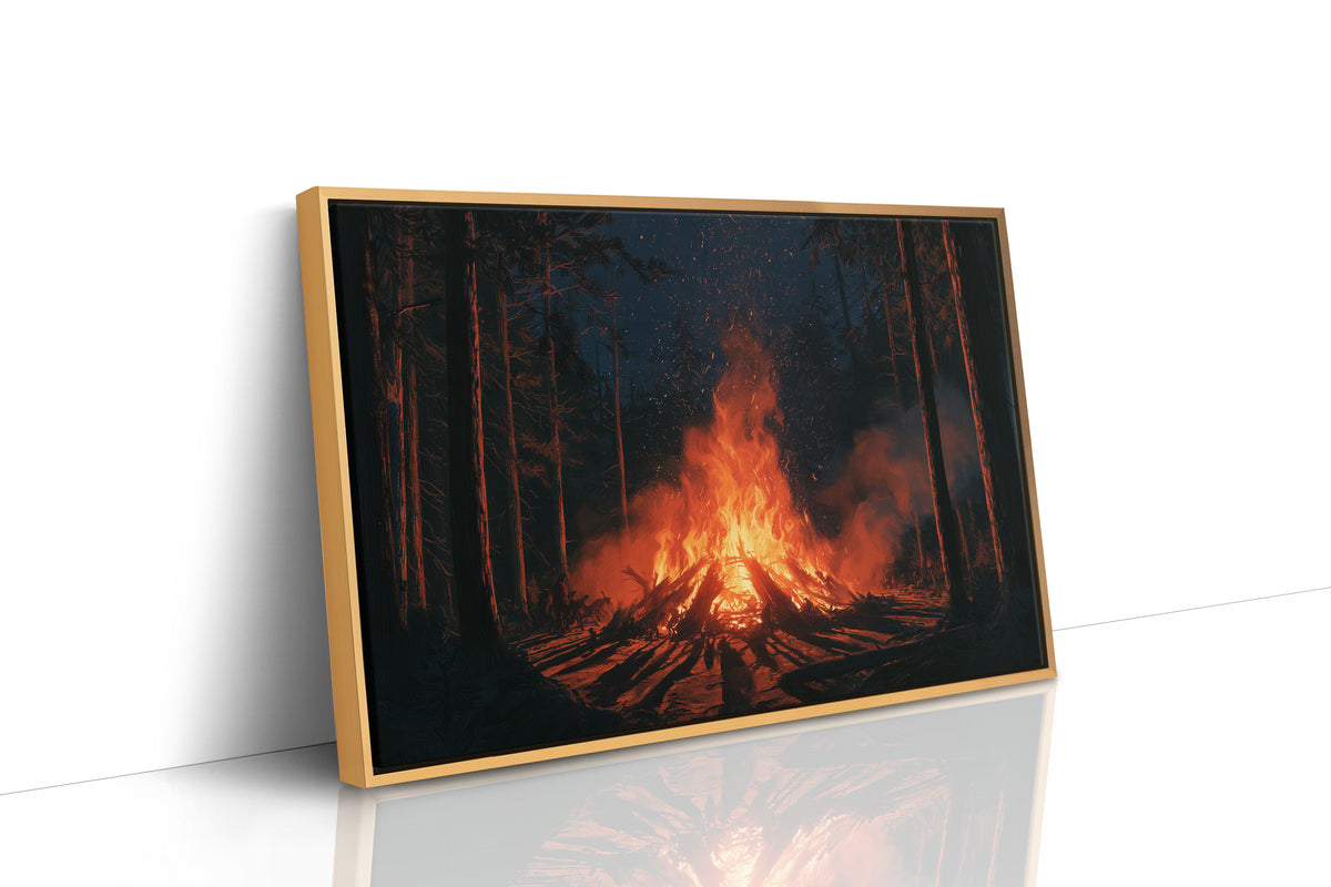 The Fire Keeps Its Own Counsel, campfire blazing in a dark pine forest painting, as a framed canvas in a natural wood frame