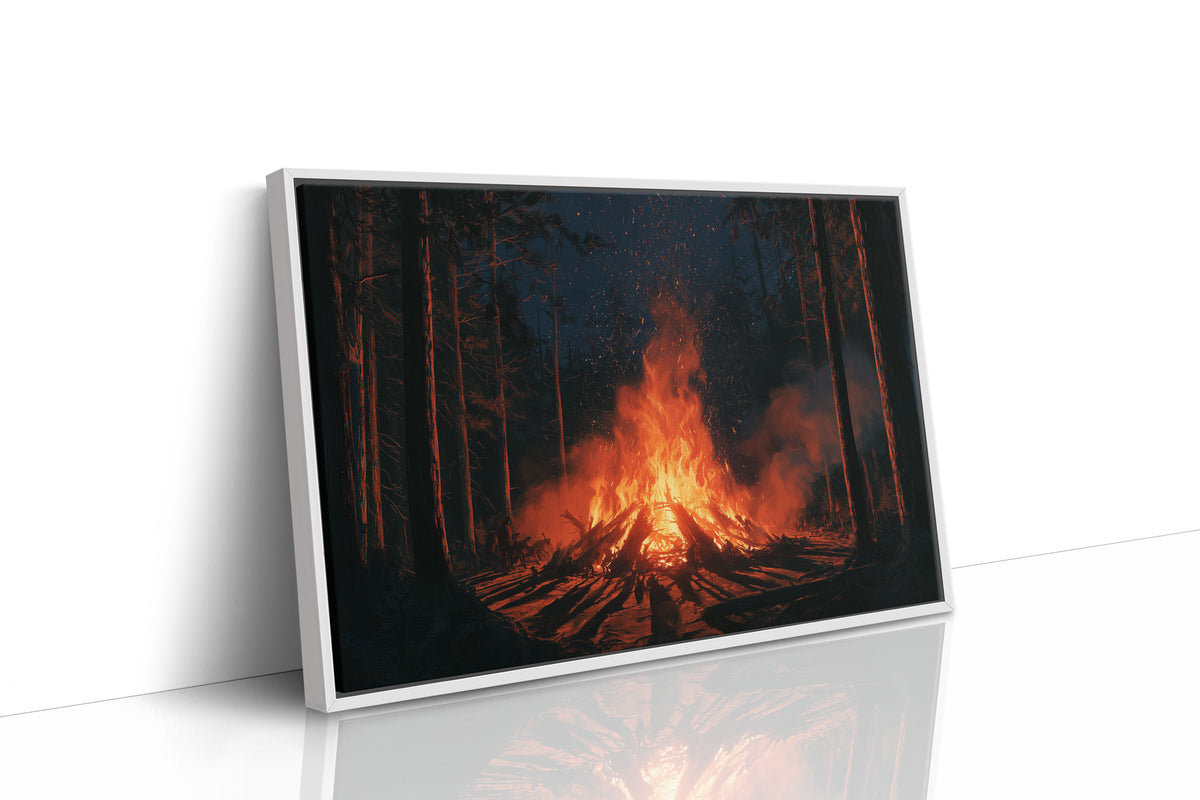 The Fire Keeps Its Own Counsel, campfire blazing in a dark pine forest painting, as a framed canvas in a white frame