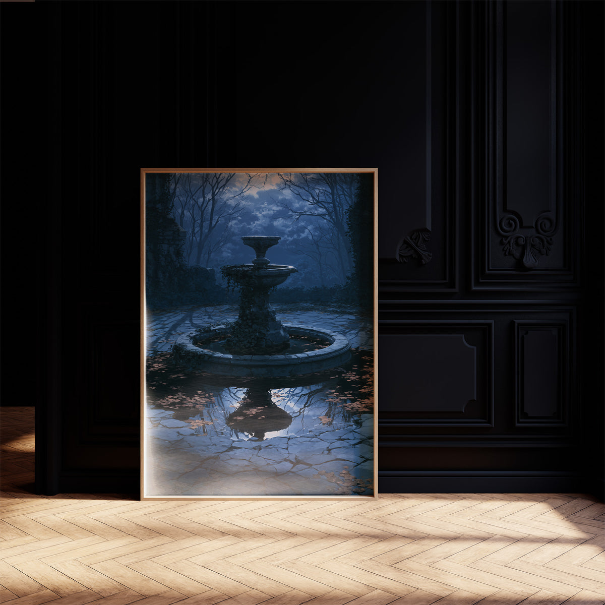 The Fountain Holds Its Breath, moonlit garden fountain painting in deep blue, on a black paneled wall with sunlit herringbone floor