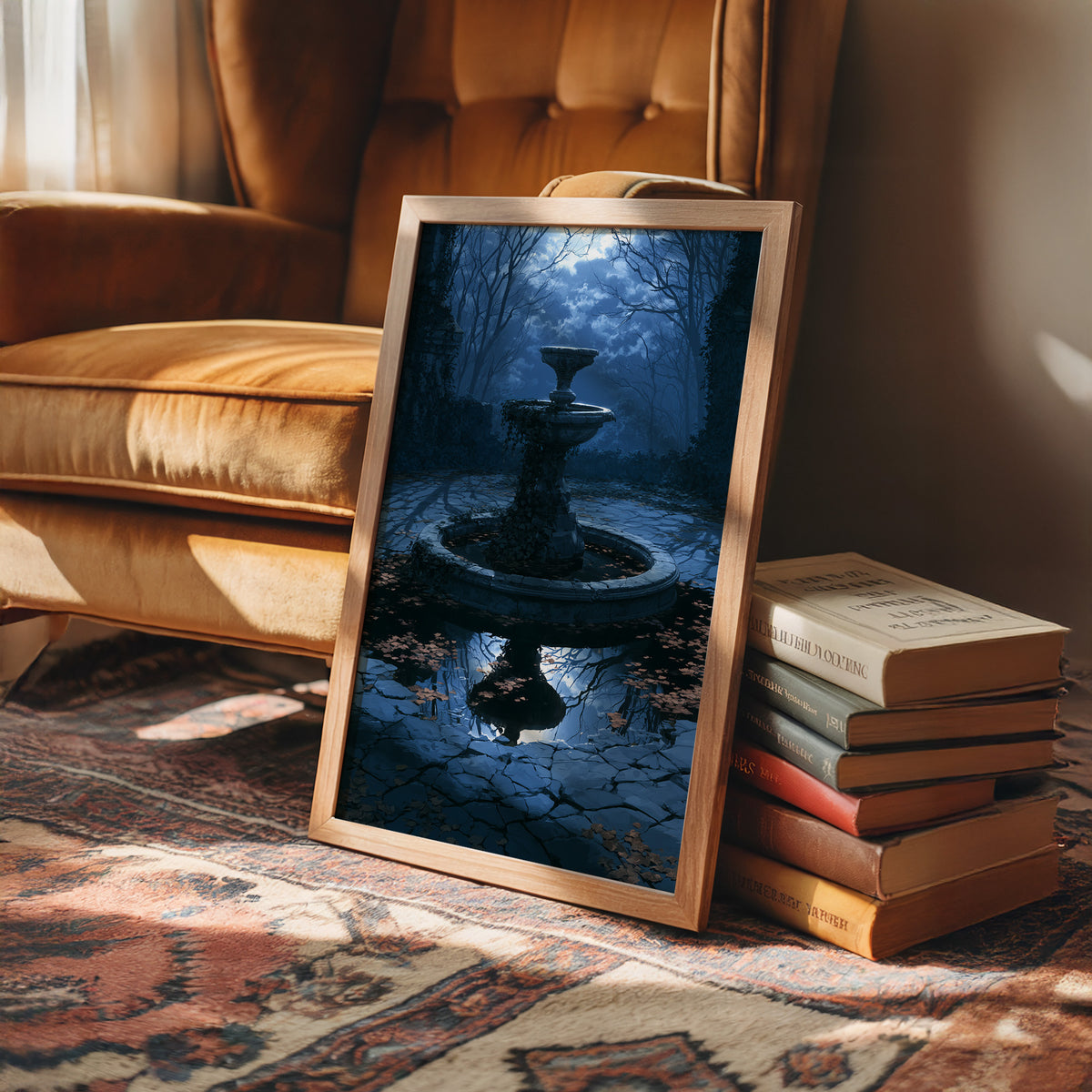 The Fountain Holds Its Breath, moonlit garden fountain painting in deep blue, in a wood frame beside a leather armchair and a stack of books