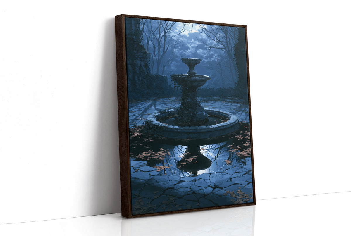 The Fountain Holds Its Breath, moonlit garden fountain painting in deep blue, as a framed canvas in a brown frame