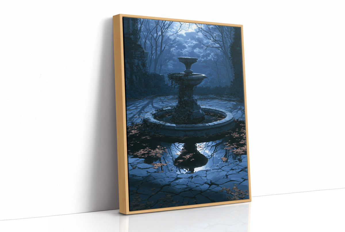 The Fountain Holds Its Breath, moonlit garden fountain painting in deep blue, as a framed canvas in a natural wood frame