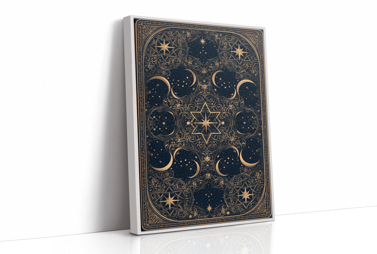 The Gilded Wheel of Midnight, a gold ornamental mandala of moon phases and stars on a deep navy field, painted in navy and antique gold, as a framed canvas in a white frame