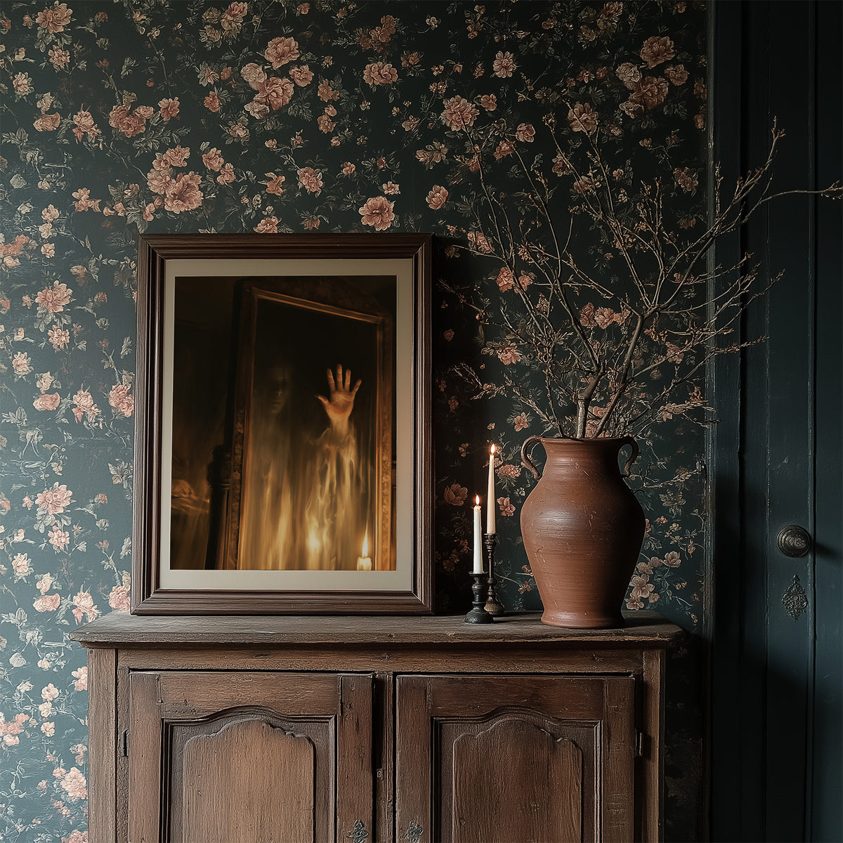 The Hall Remembers Every Visitor, pale ghostly hand reaching from a dark doorway lit in golden candlelight painting, in a dark frame on a wooden dresser against floral wallpaper