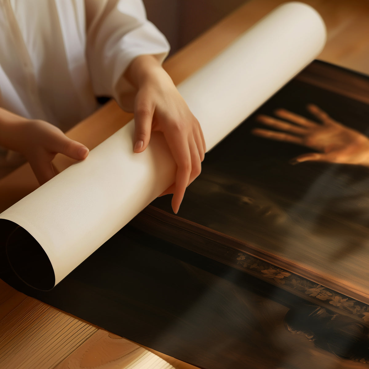 The Hall Remembers Every Visitor, pale ghostly hand reaching from a dark doorway lit in golden candlelight painting, as a matte poster, unframed