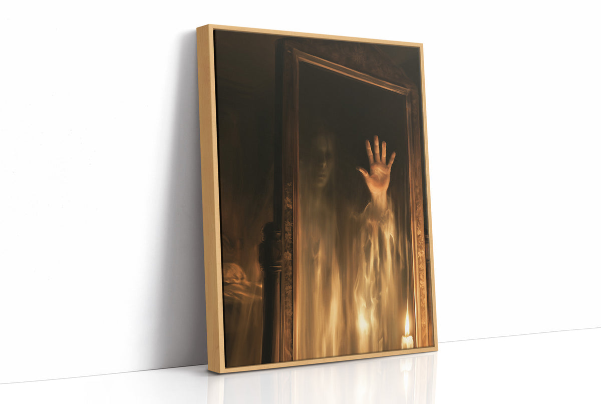 The Hall Remembers Every Visitor, pale ghostly hand reaching from a dark doorway lit in golden candlelight painting, as a framed canvas in a natural wood frame