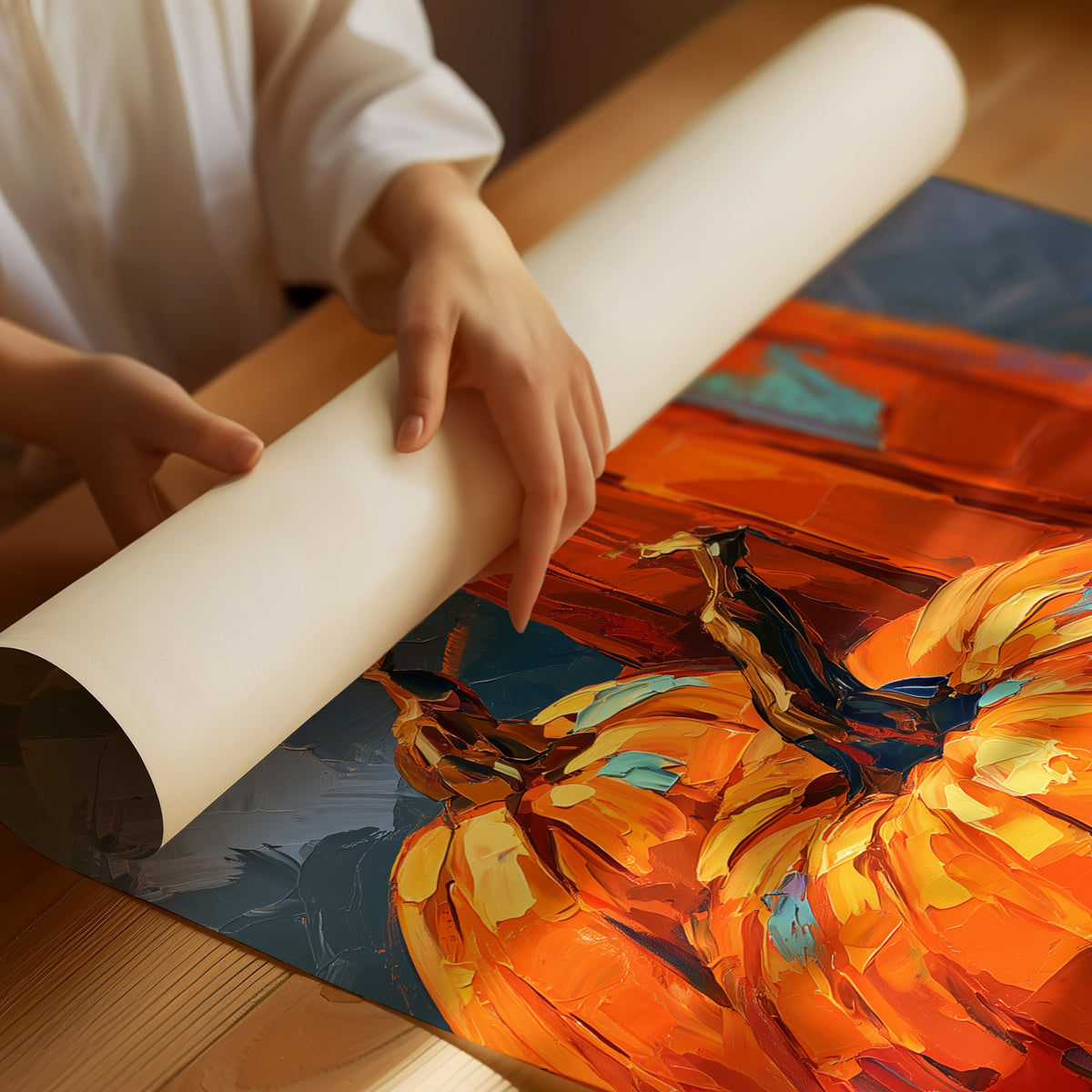 The Harvest Keeps Its Blue Hour, three painted pumpkins in orange and teal on a dusky blue ground with fallen leaves at their feet, in a loose, bold, painterly style, as a matte poster, unframed