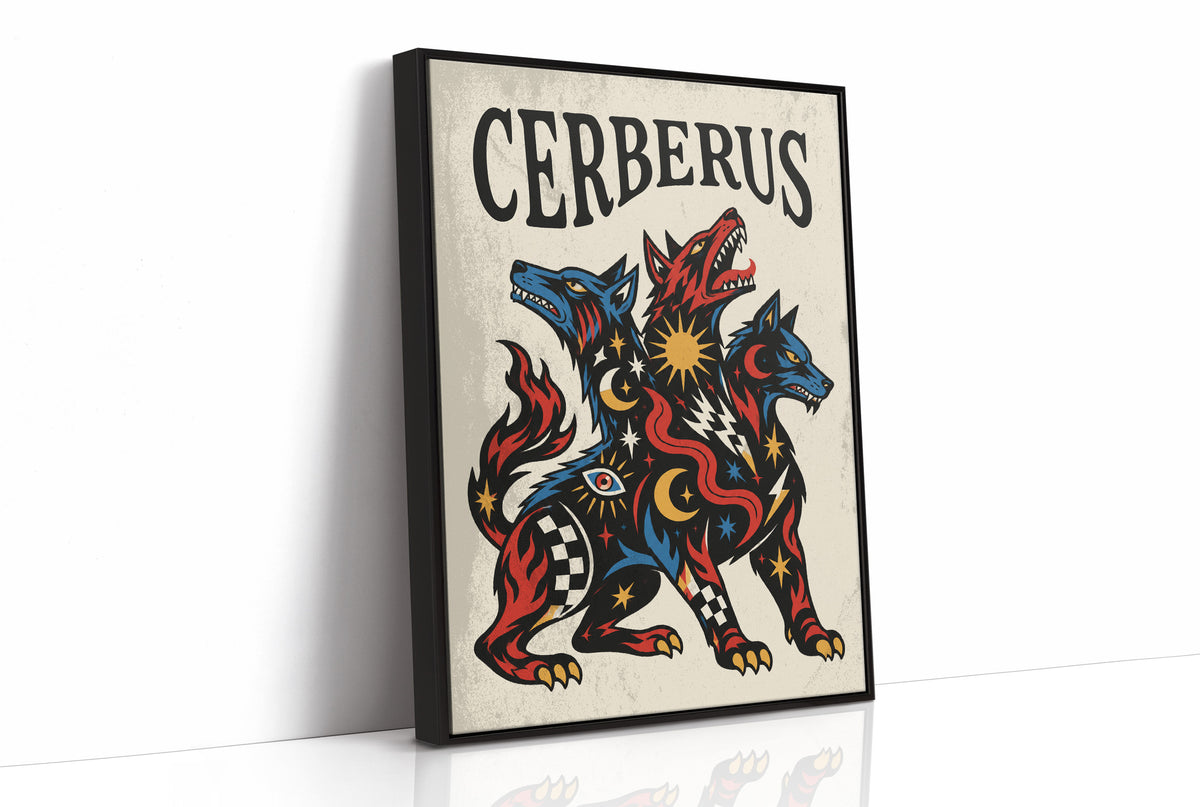 The Hound at the Threshold, a hound with several heads in red, blue and gold, with dark outlines and star and moon marks, in a bold flash sheet style with a black lettered name across the top, as a framed canvas in a black frame