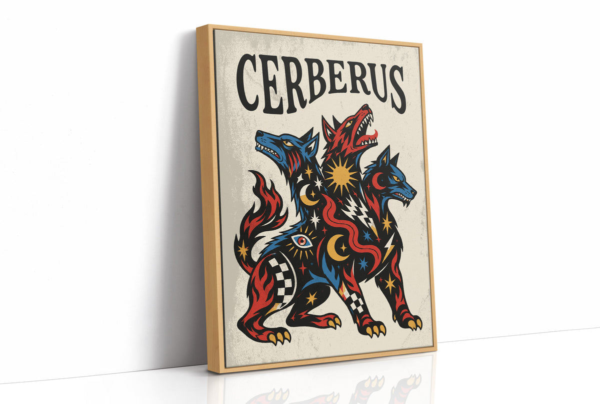 The Hound at the Threshold, a hound with several heads in red, blue and gold, with dark outlines and star and moon marks, in a bold flash sheet style with a black lettered name across the top, as a framed canvas in a natural wood frame
