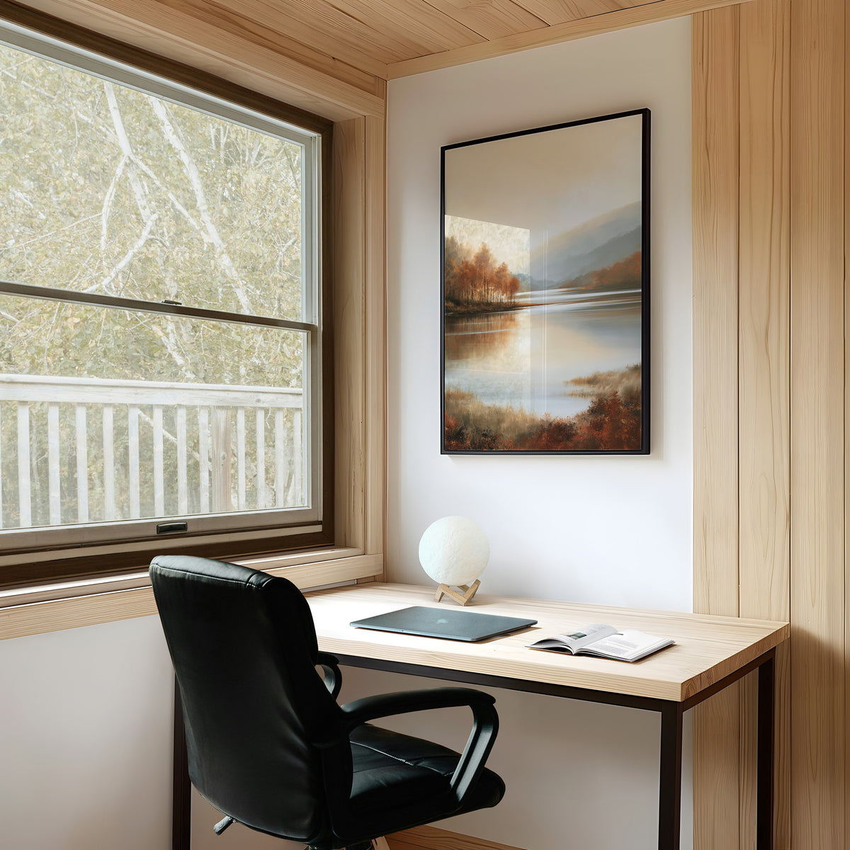 The Lake Remembers Autumn, an autumn lake at dusk with a line of turning trees on the near shore and pale mountains beyond, the water mirroring the sky in soft blue and amber, on a study wall above a writing desk and a black desk chair