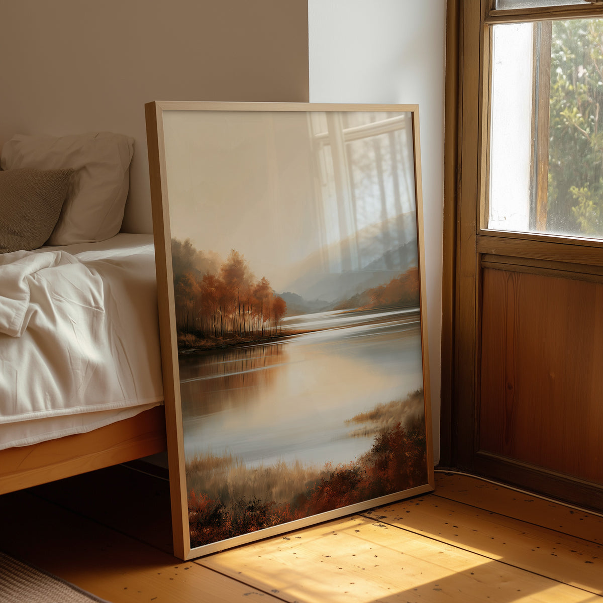 The Lake Remembers Autumn, an autumn lake at dusk with a line of turning trees on the near shore and pale mountains beyond, the water mirroring the sky in soft blue and amber, leaning on a wood floor in a bedroom beside white linen bedding